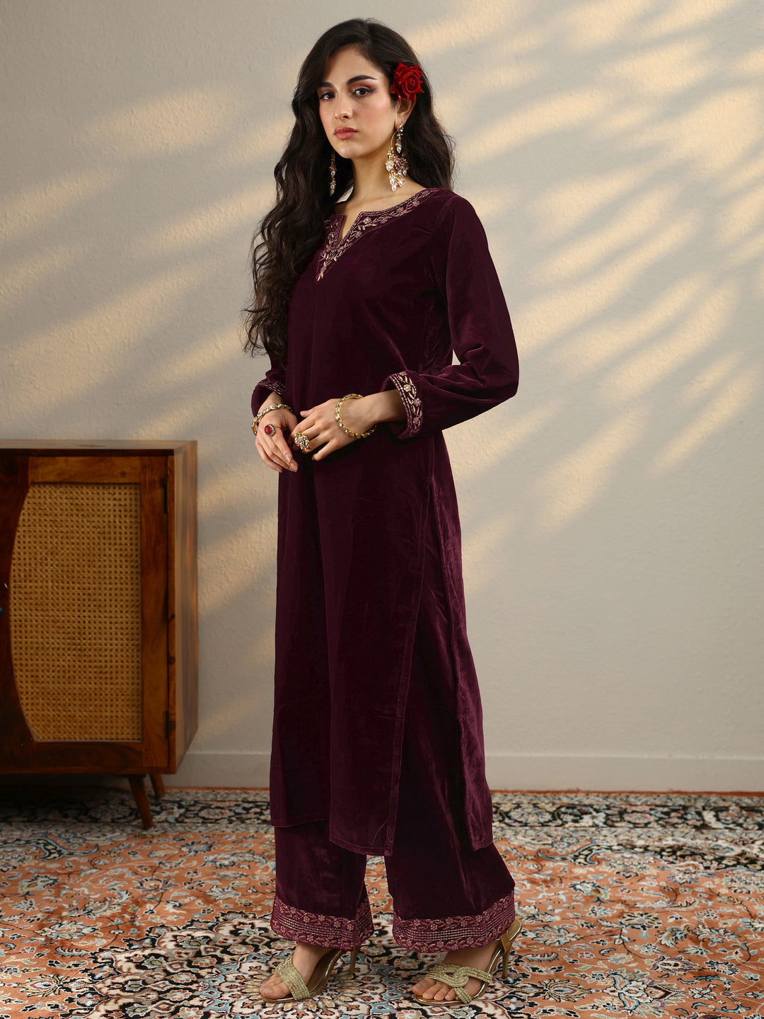  Maroon Yoke Design Velvet Straight Suit With Dupatta 