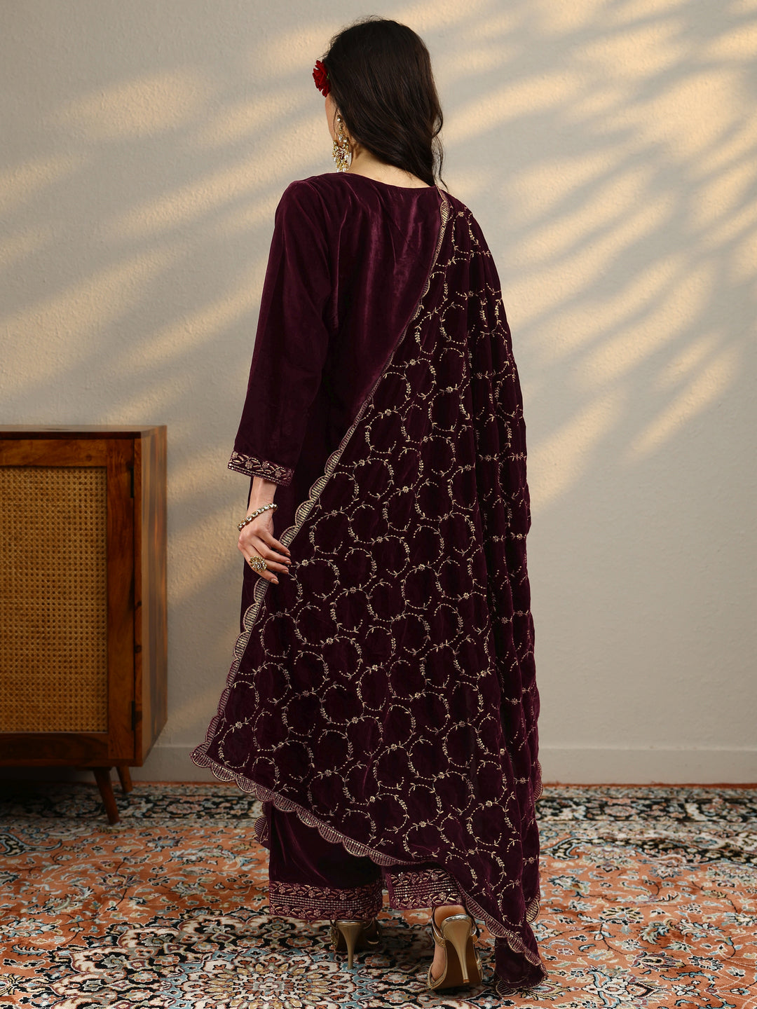  Maroon Yoke Design Velvet Straight Suit With Dupatta 