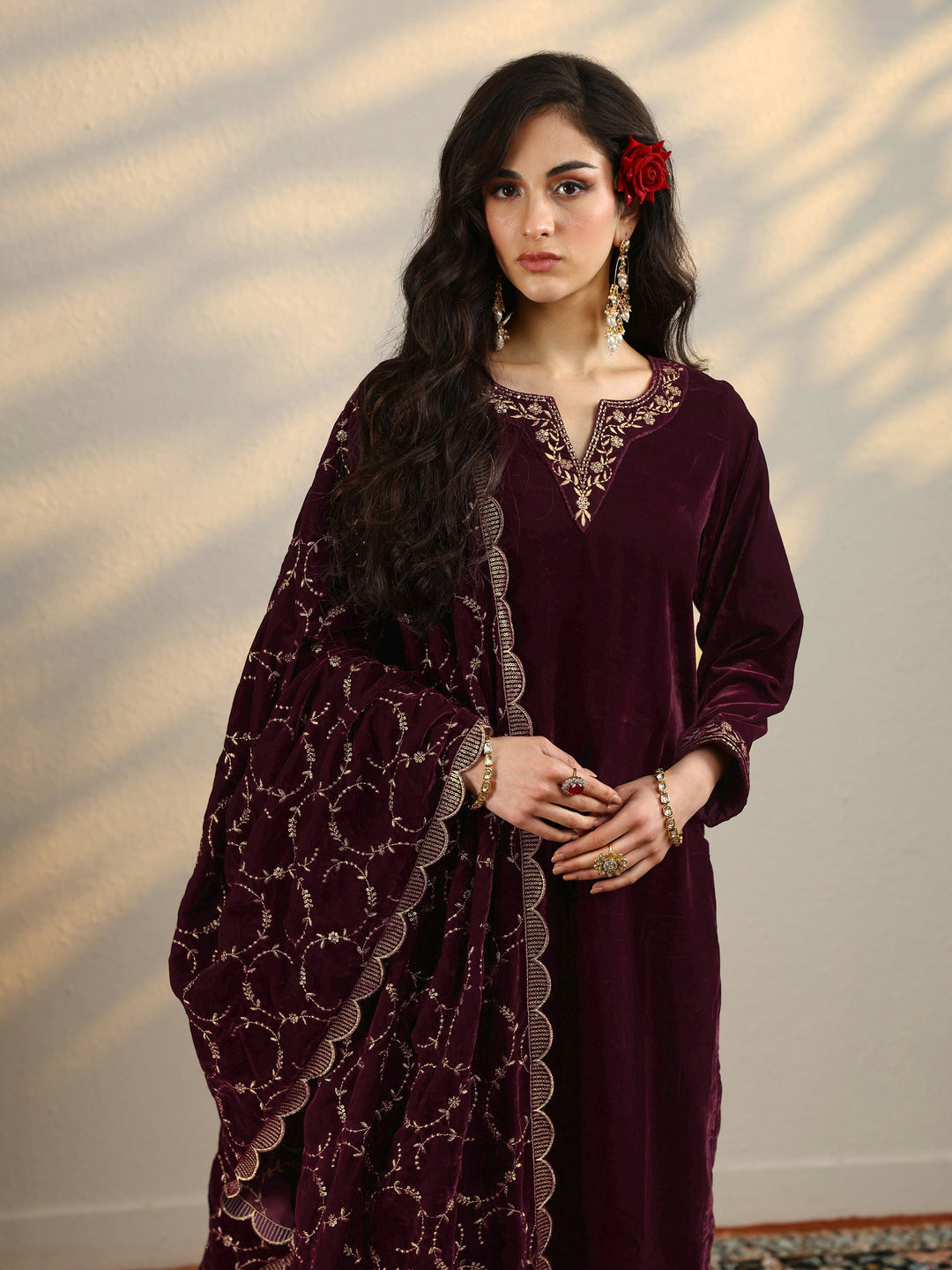  Maroon Yoke Design Velvet Straight Suit With Dupatta 