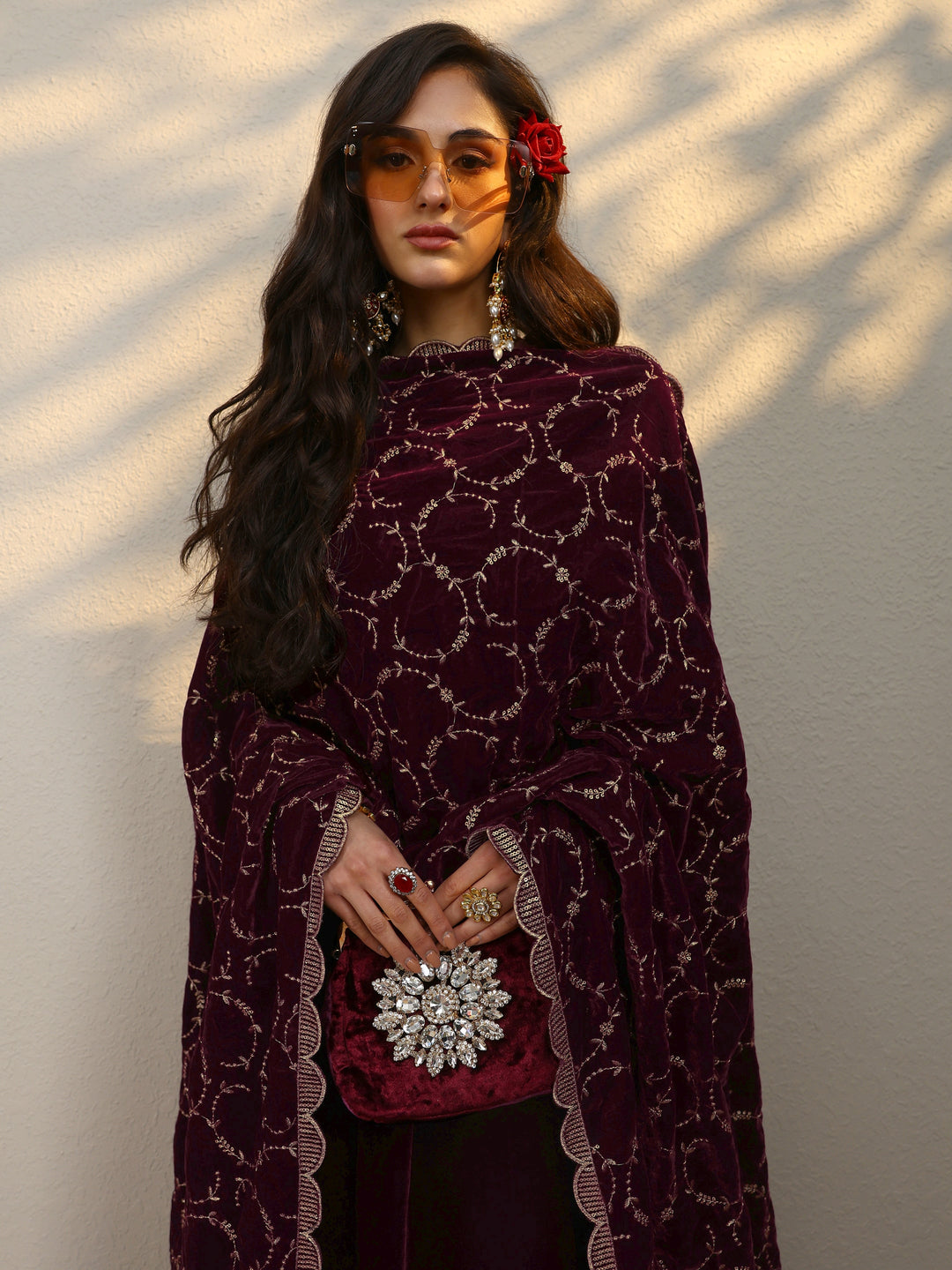 Maroon Yoke Design Velvet Straight Suit With Dupatta