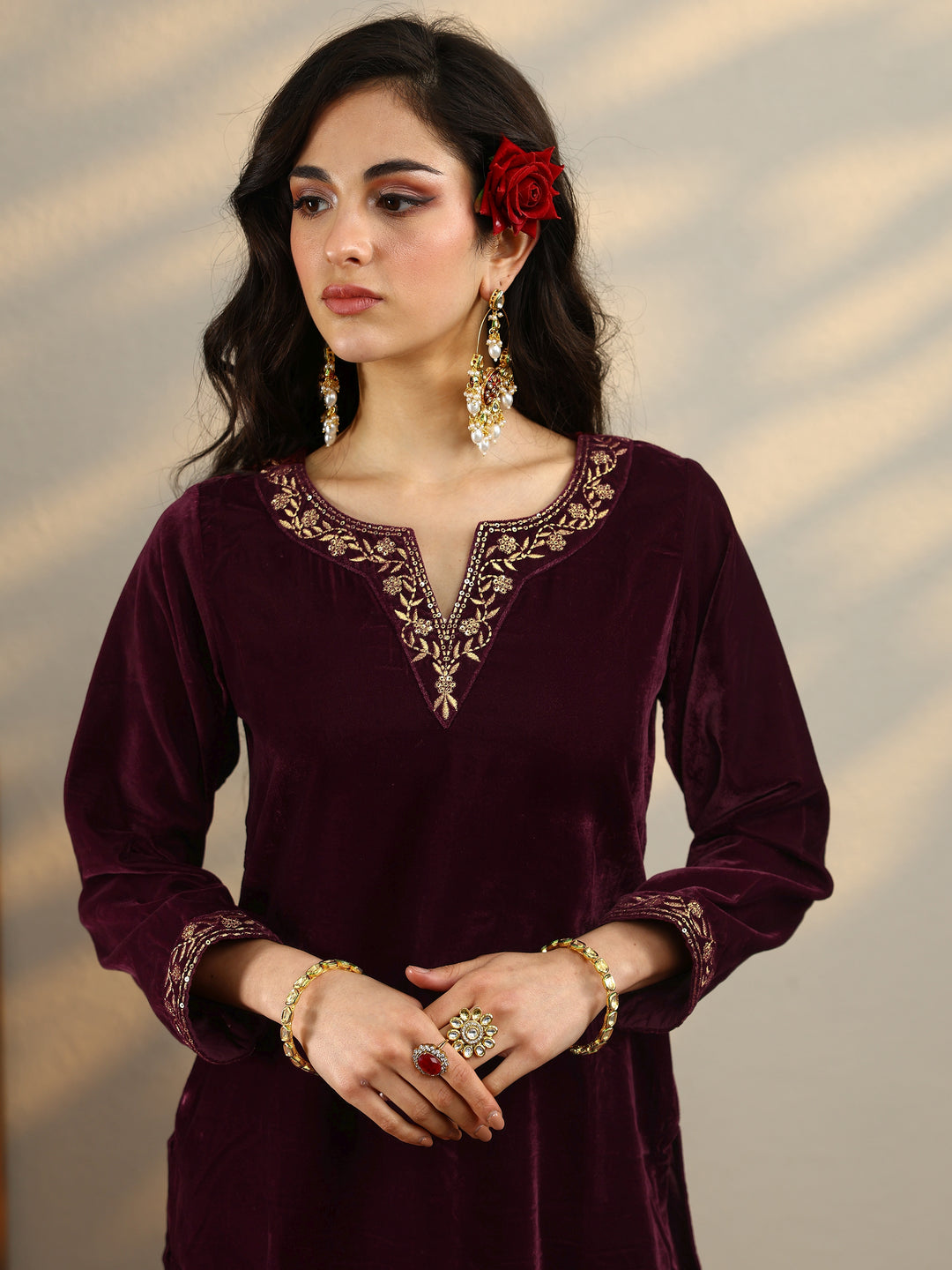  Maroon Yoke Design Velvet Straight Suit With Dupatta 