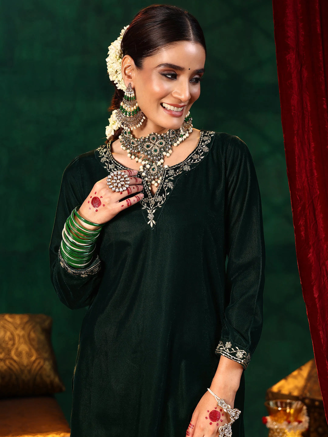  Green Yoke Design Velvet Straight Suit With Dupatta 
