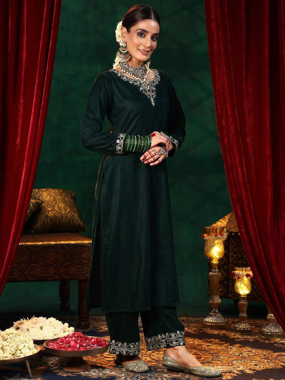 Green Yoke Design Velvet Straight Suit With Dupatta 