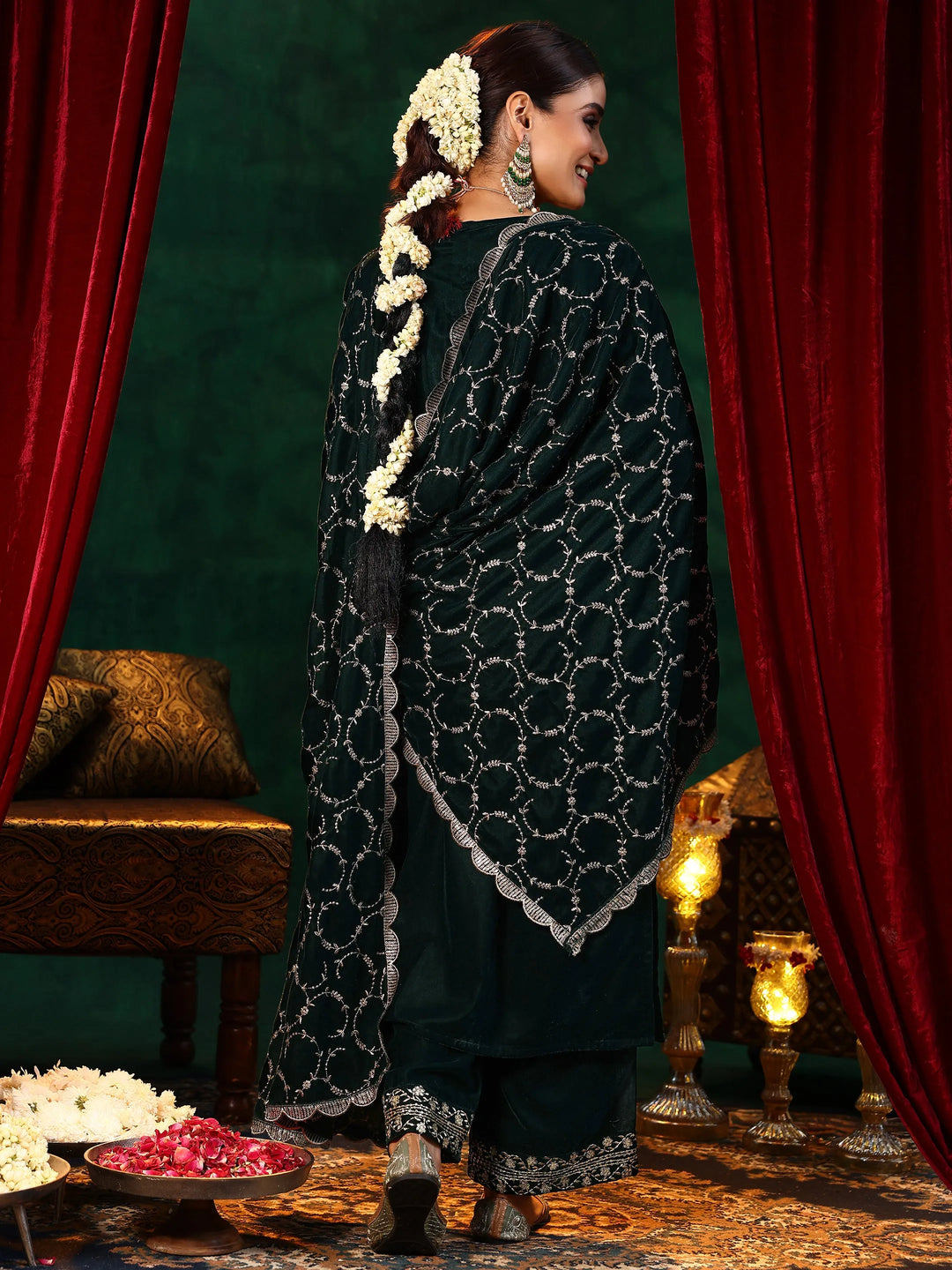  Green Yoke Design Velvet Straight Suit With Dupatta 