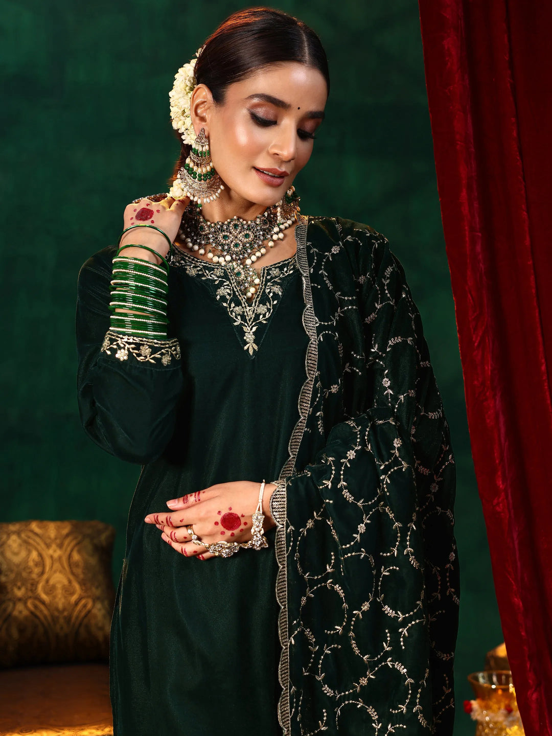  Green Yoke Design Velvet Straight Suit With Dupatta 