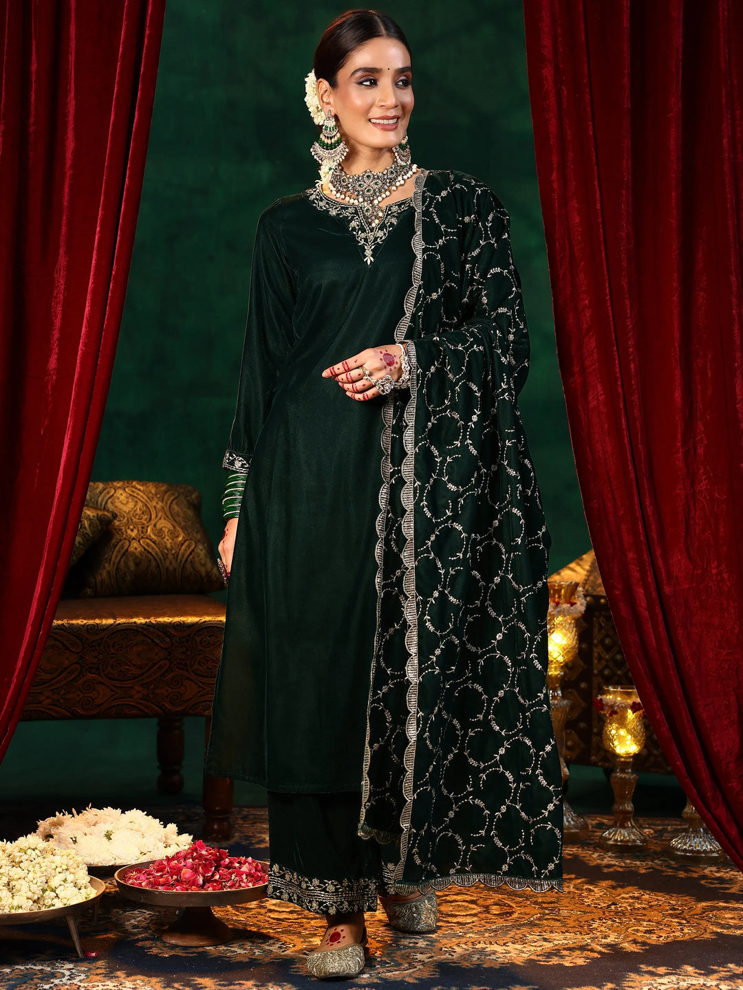 Green Yoke Design Velvet Straight Suit With Dupatta 