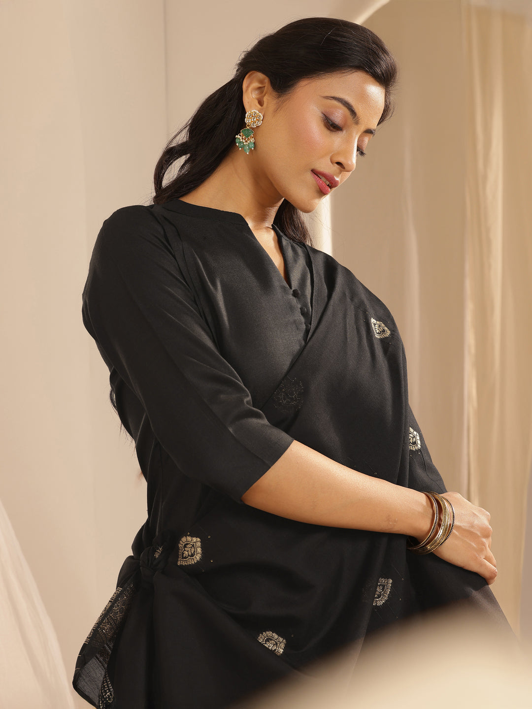 Black Solid Cotton Blend Straight Suit With Dupatta