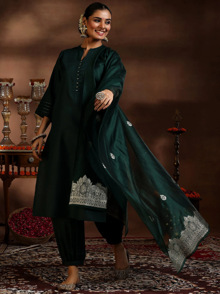 Gerua Green Solid Cotton Blend Straight Suit With Dupatta