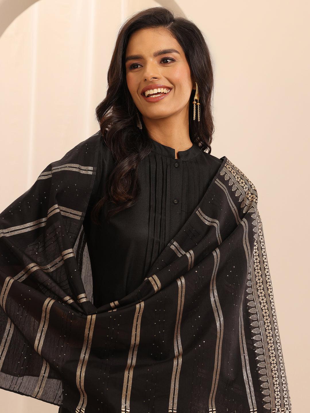 Black Solid Cotton Blend Straight Suit With Dupatta