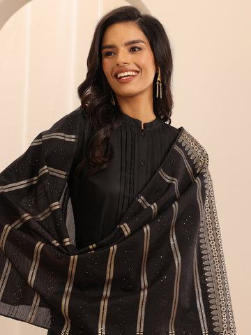 Black Solid Cotton Blend Straight Suit With Dupatta