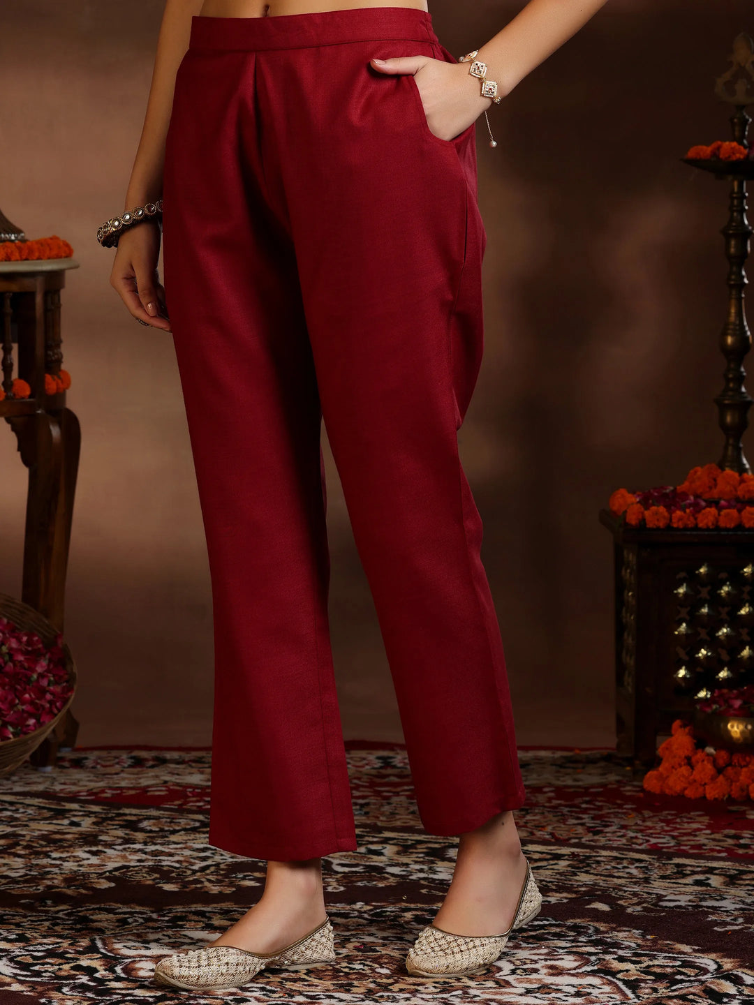  Maroon Solid Cotton Blend Straight Suit With Dupatta 