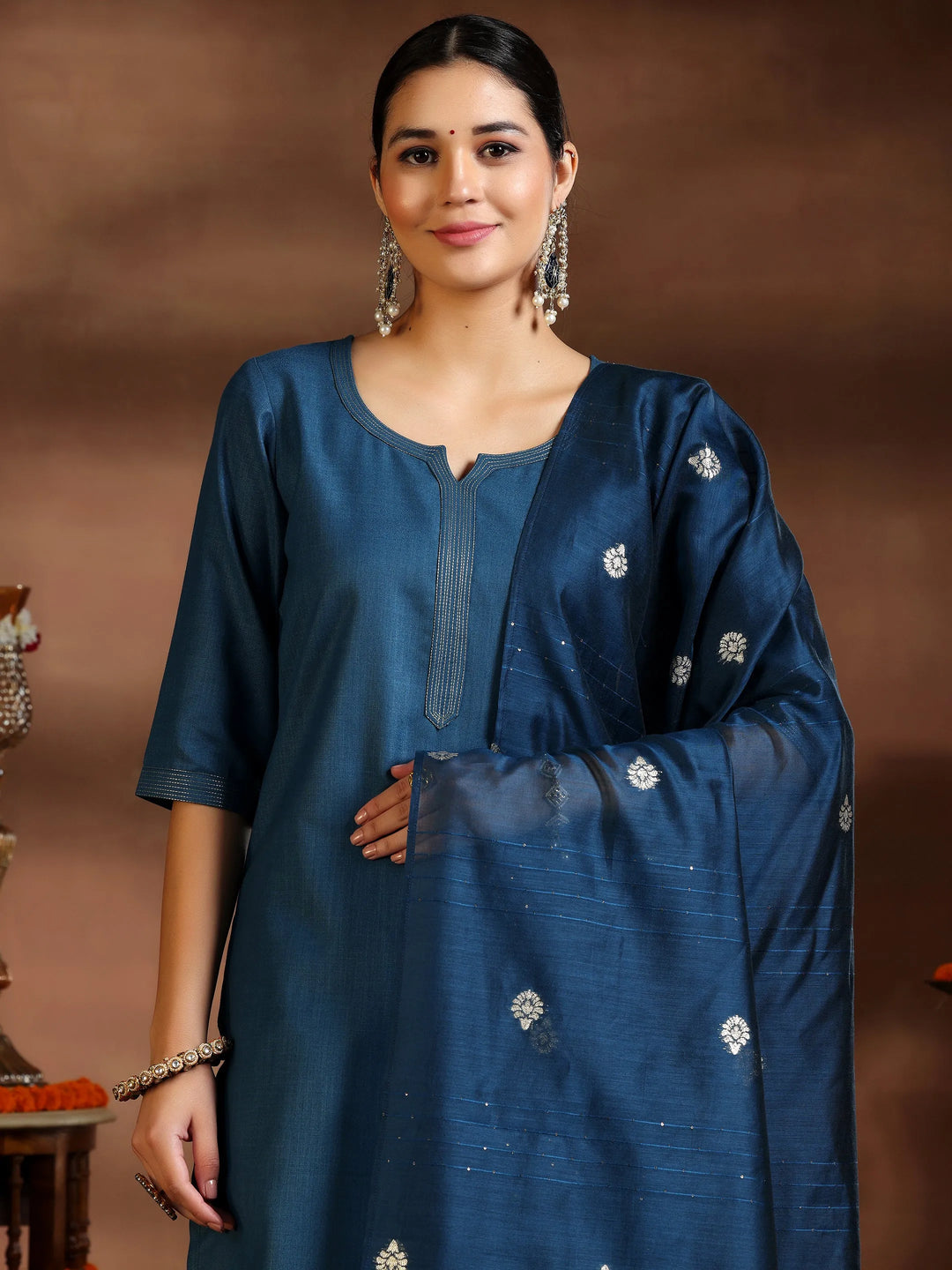  Teal Solid Cotton Blend Straight Suit With Dupatta 