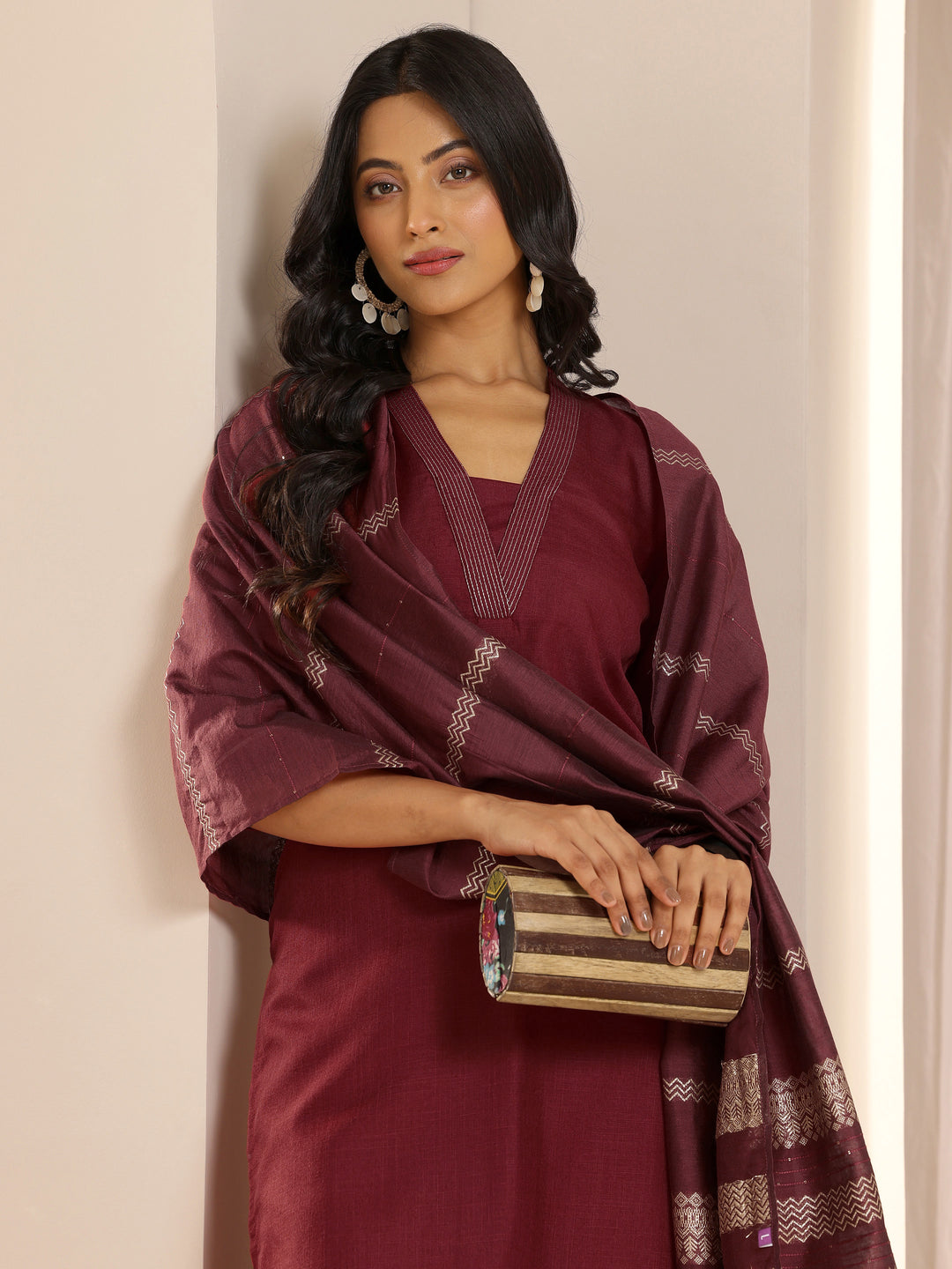 Maroon Solid Cotton Blend Straight Suit With Dupatta