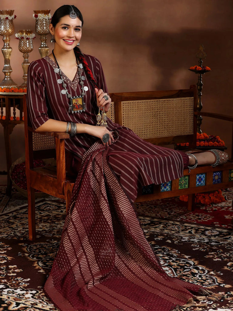 Gerua Maroon Woven Design Cotton Blend Straight Suit With Dupatta