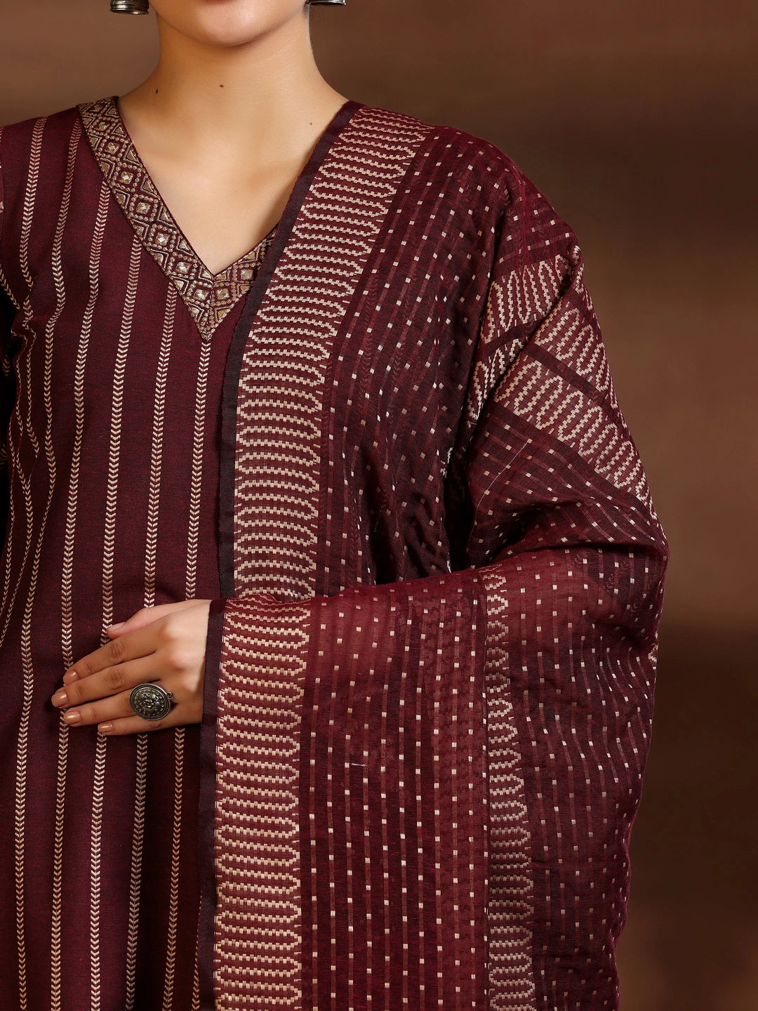  Maroon Woven Design Cotton Blend Straight Suit With Dupatta 