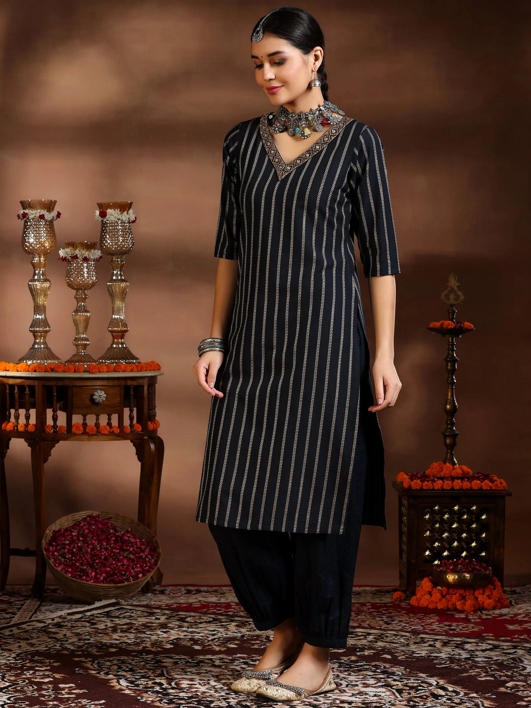  Black Woven Design Cotton Blend Straight Suit With Dupatta 