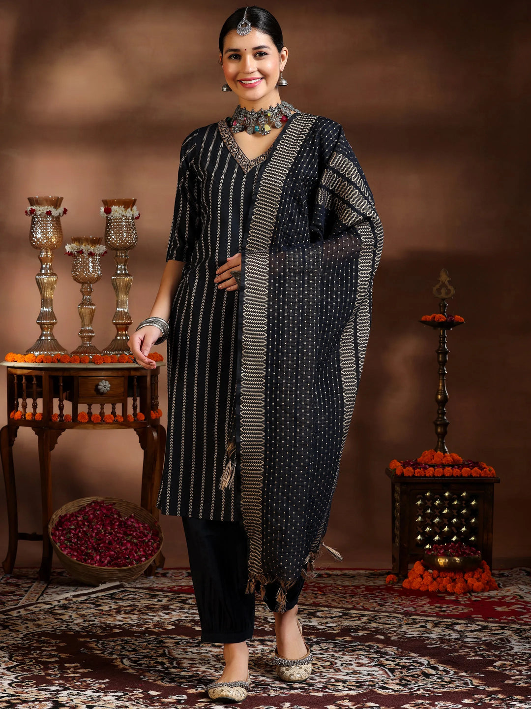  Black Woven Design Cotton Blend Straight Suit With Dupatta 