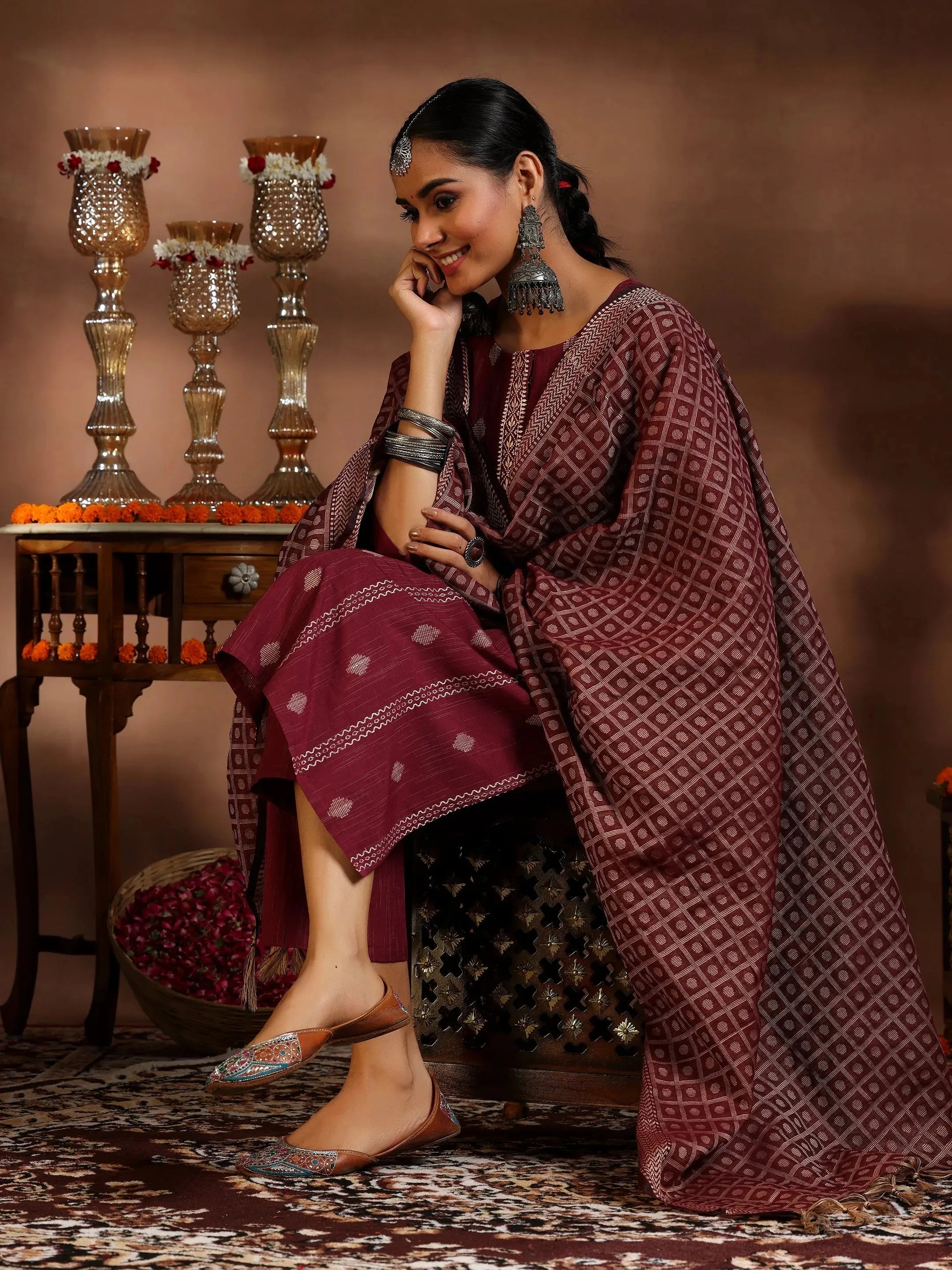 libas Maroon Woven Design Cotton Blend Straight Suit With Dupatta-picture-62