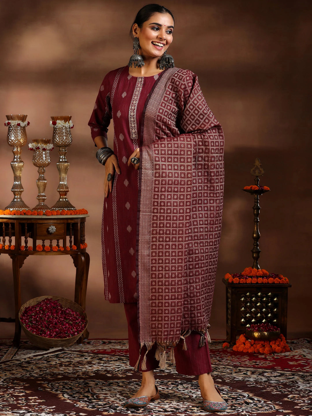  Maroon Woven Design Cotton Blend Straight Suit With Dupatta 