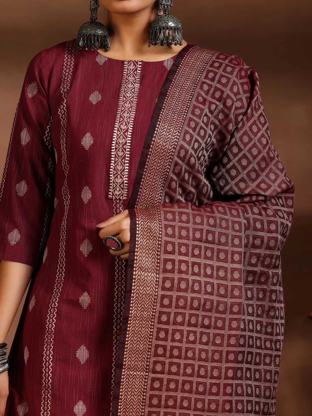  Maroon Woven Design Cotton Blend Straight Suit With Dupatta 