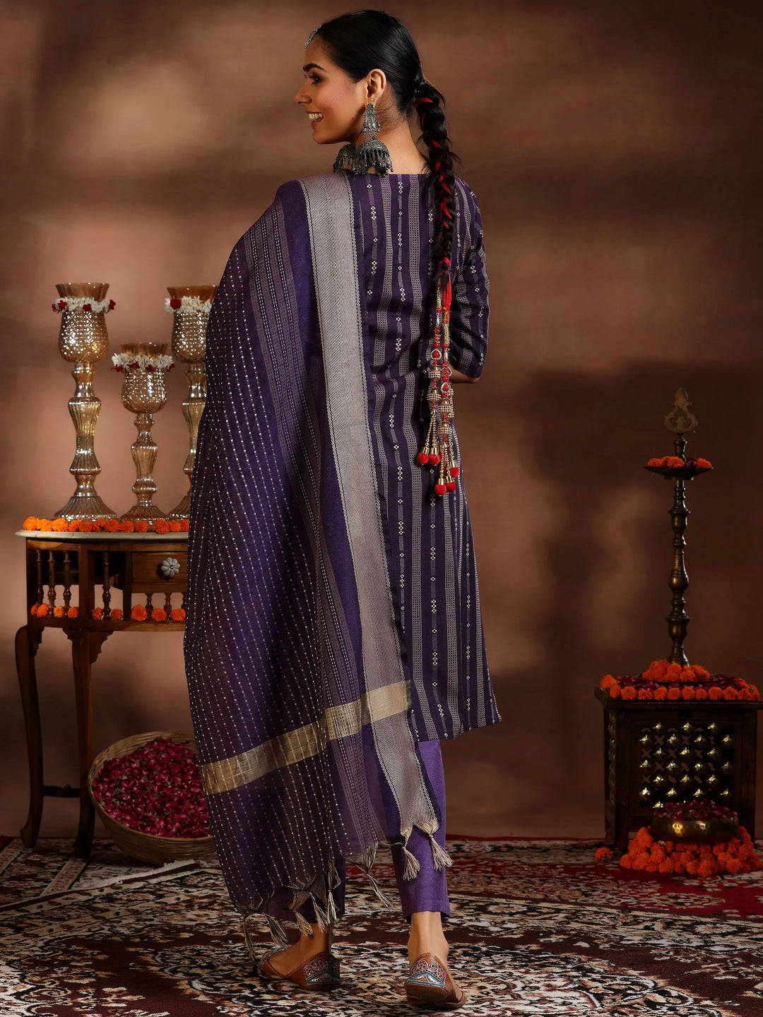  Purple Woven Design Cotton Blend Straight Suit With Dupatta 