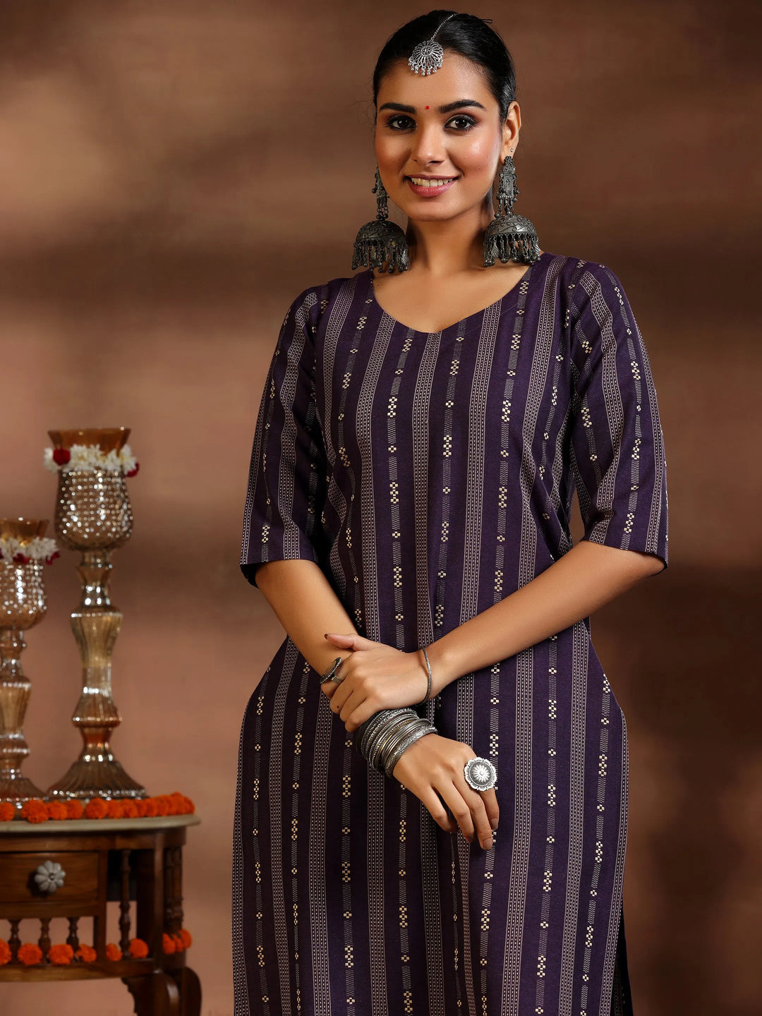  Purple Woven Design Cotton Blend Straight Suit With Dupatta 