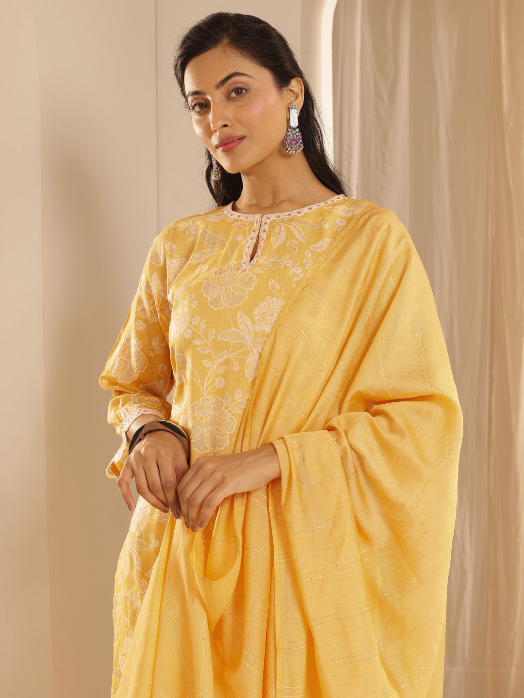  Yellow Printed Cotton Blend Straight Suit With Dupatta 