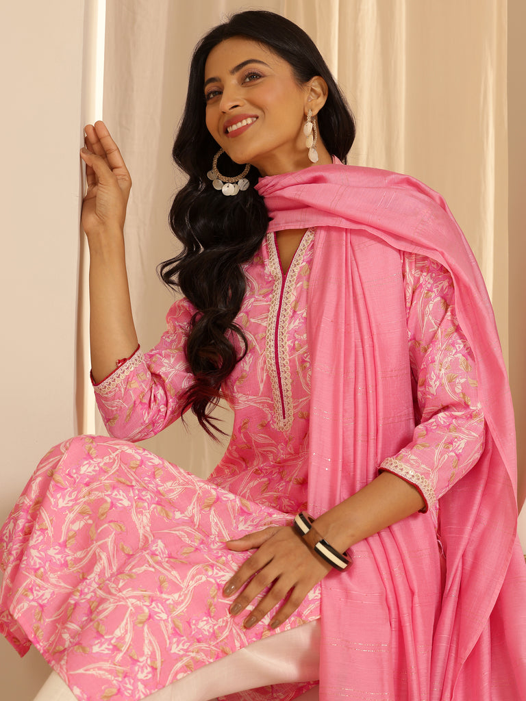 Gerua Pink Printed Cotton Blend Straight Suit With Dupatta