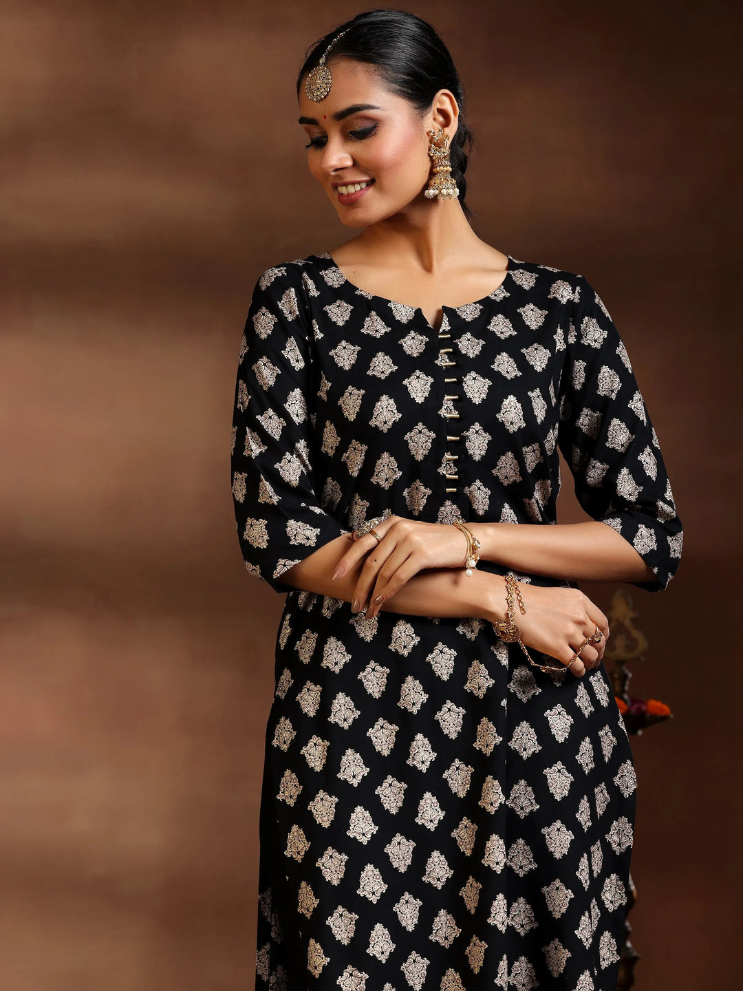  Black Printed Silk Blend Straight Suit With Dupatta 