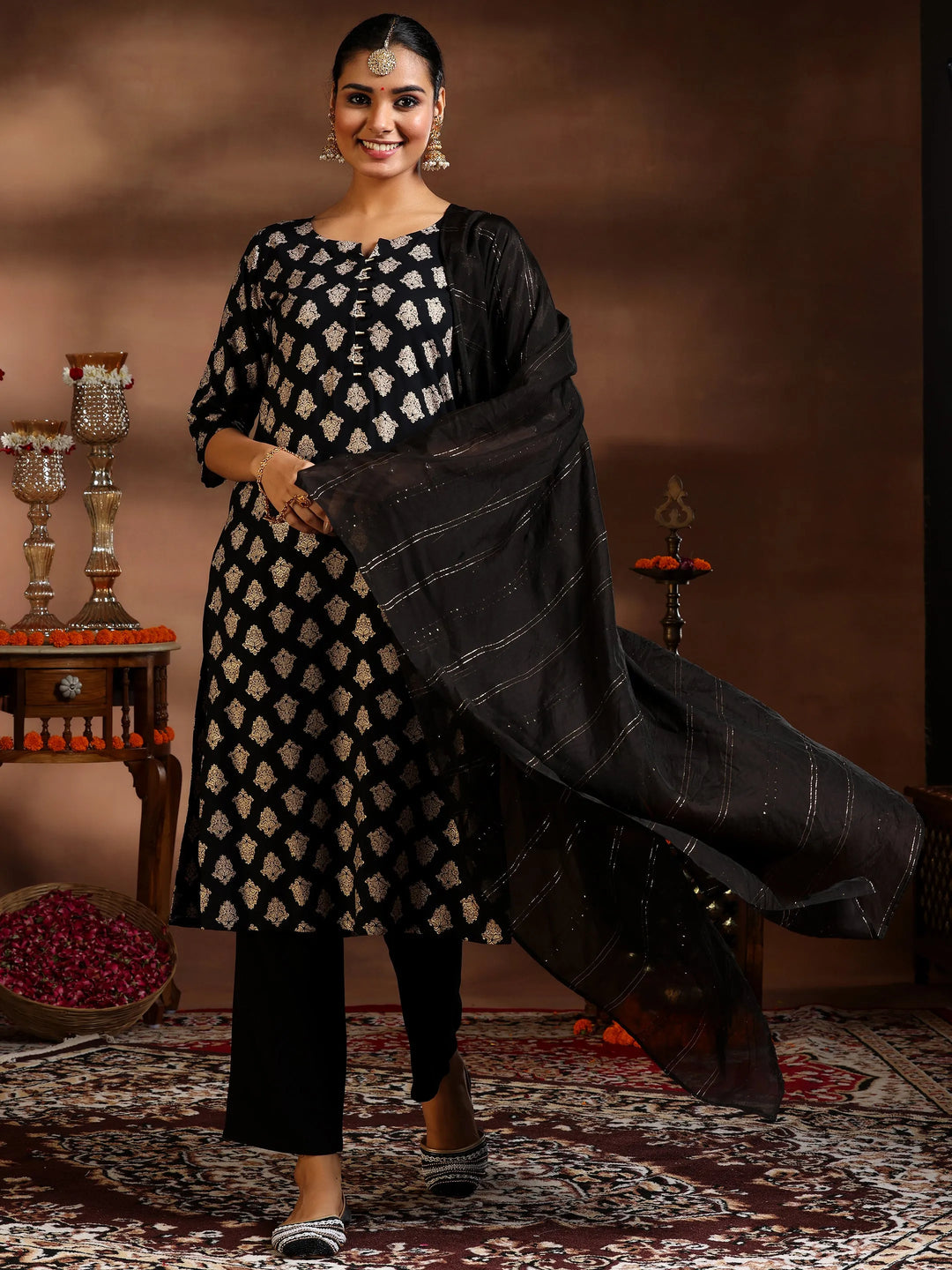  Black Printed Silk Blend Straight Suit With Dupatta 