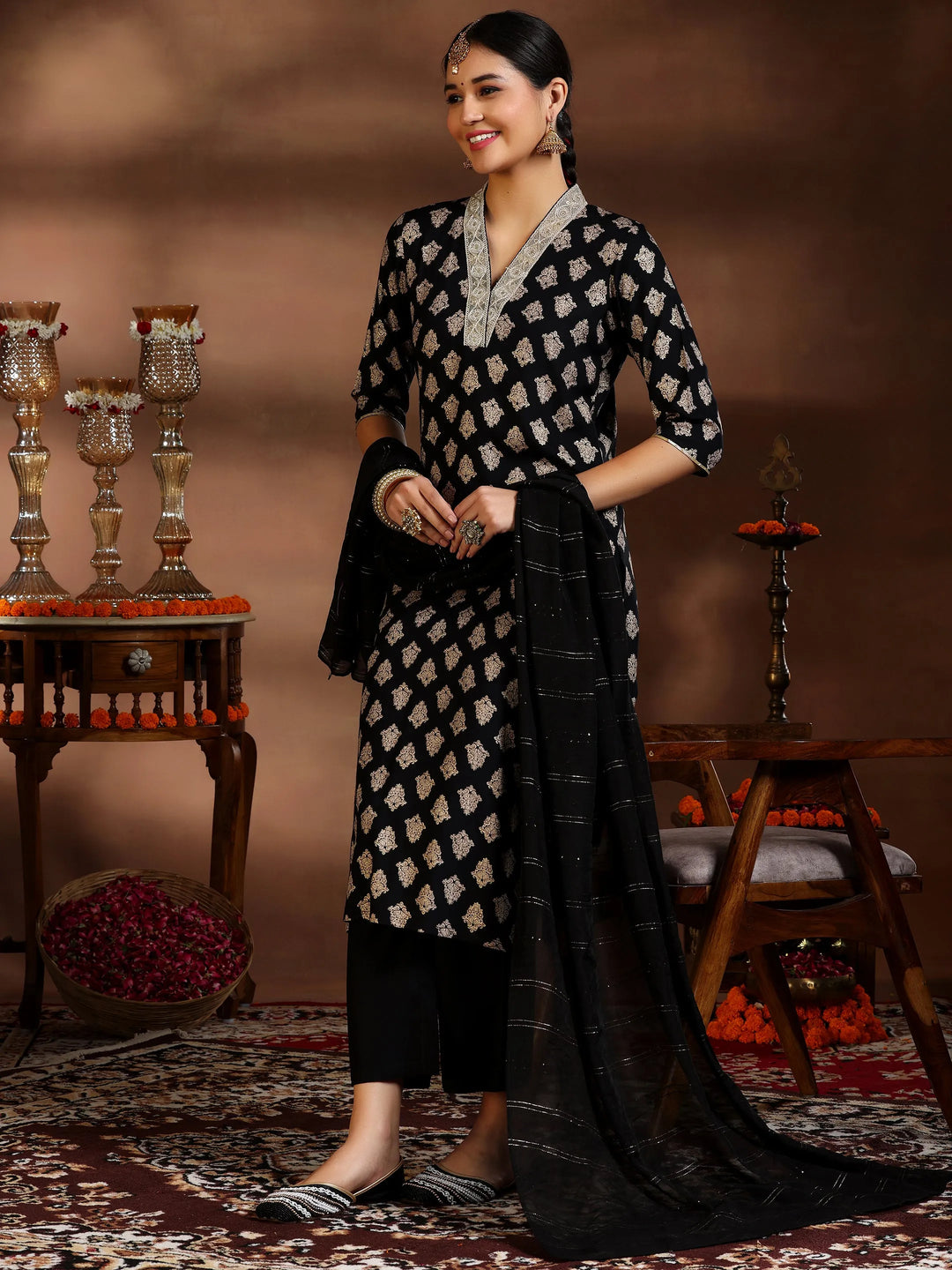  Black Printed Silk Blend Straight Suit With Dupatta 