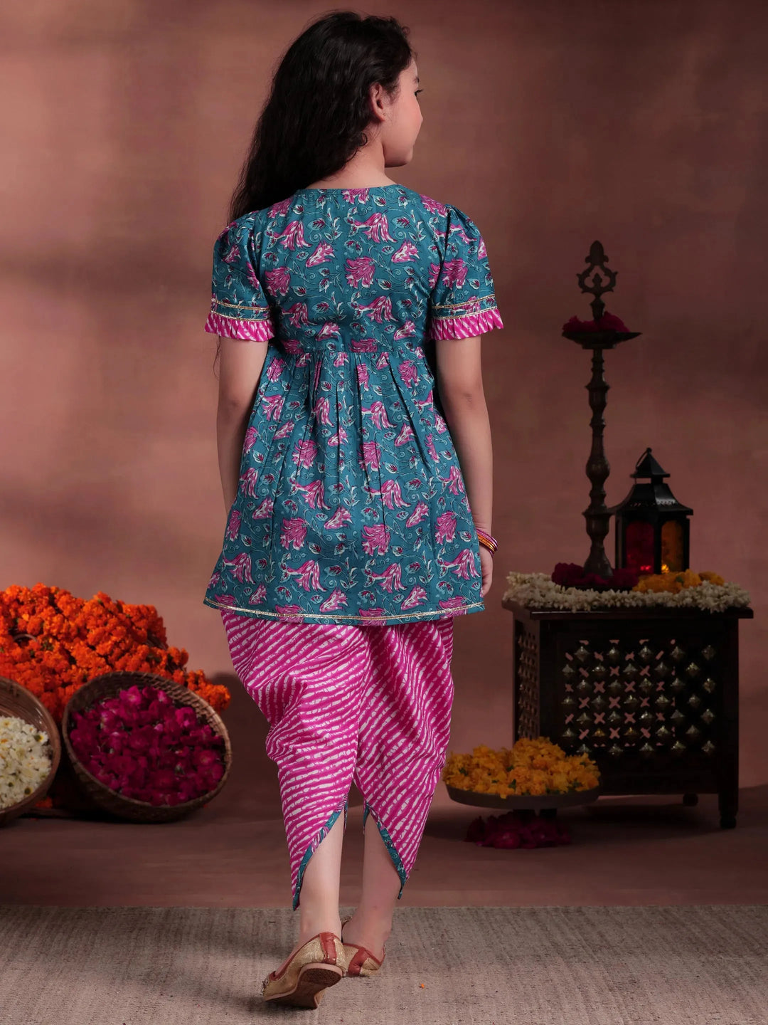  Kids Blue Printed Cotton A-Line Kurta With Dhoti Pants 