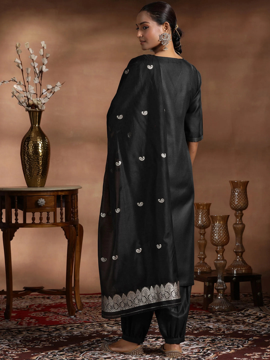  Black Solid Cotton Blend Straight Suit With Dupatta 