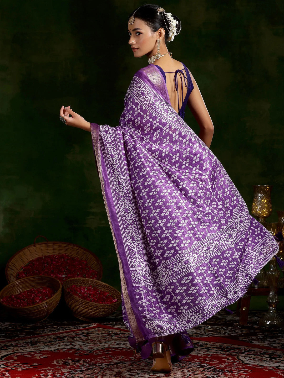  Purple Printed Silk Blend Saree With Unstitched Blouse Piece 