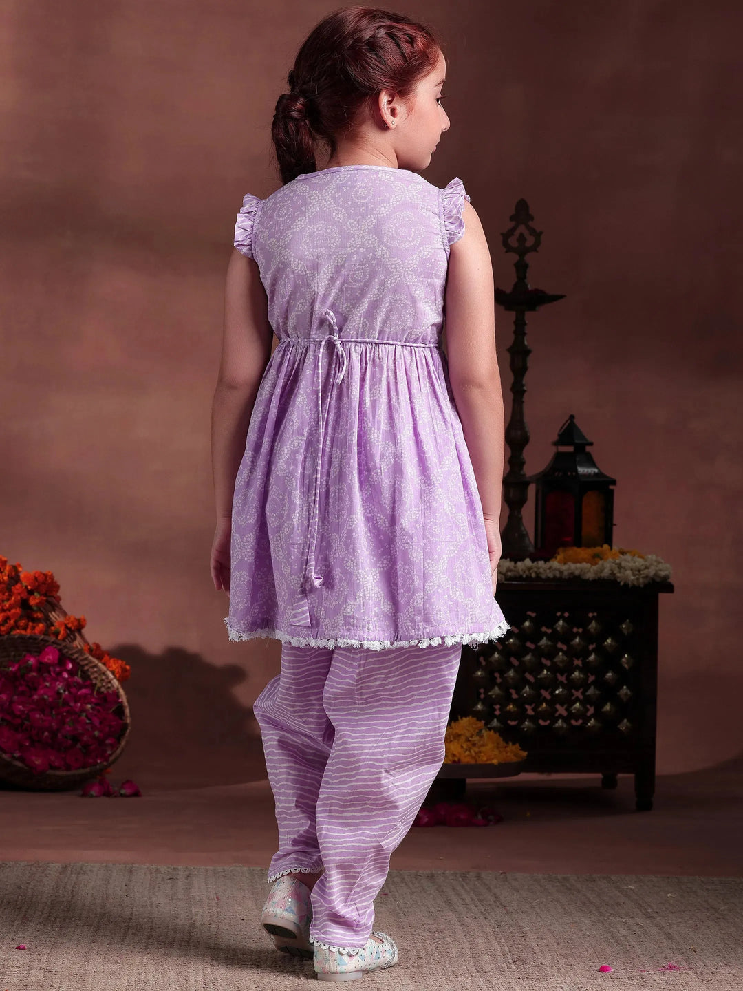  Kids Purple Printed Cotton Straight Suit With Dupatta 