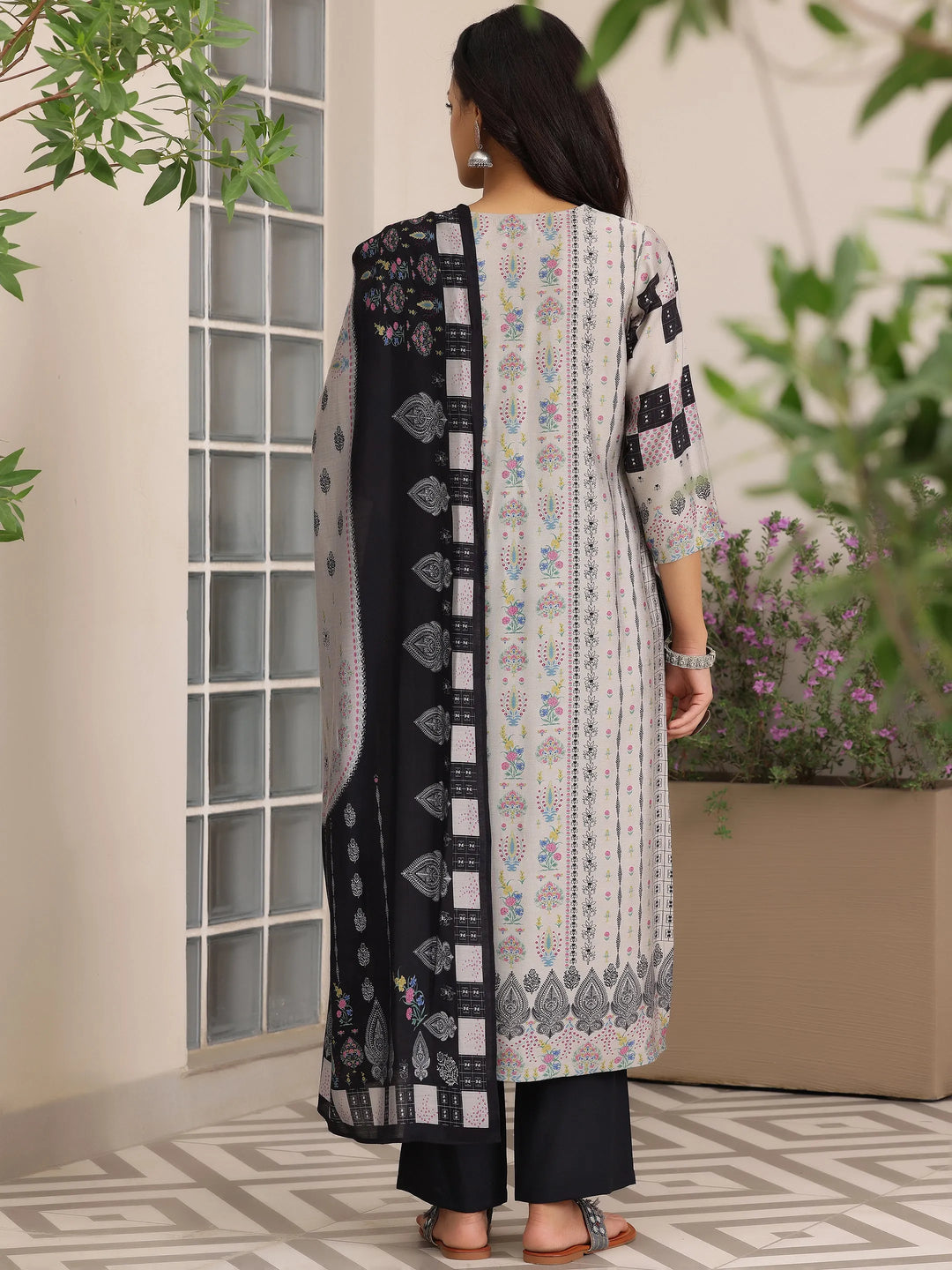  Grey Printed Silk Blend Straight Suit With Dupatta 