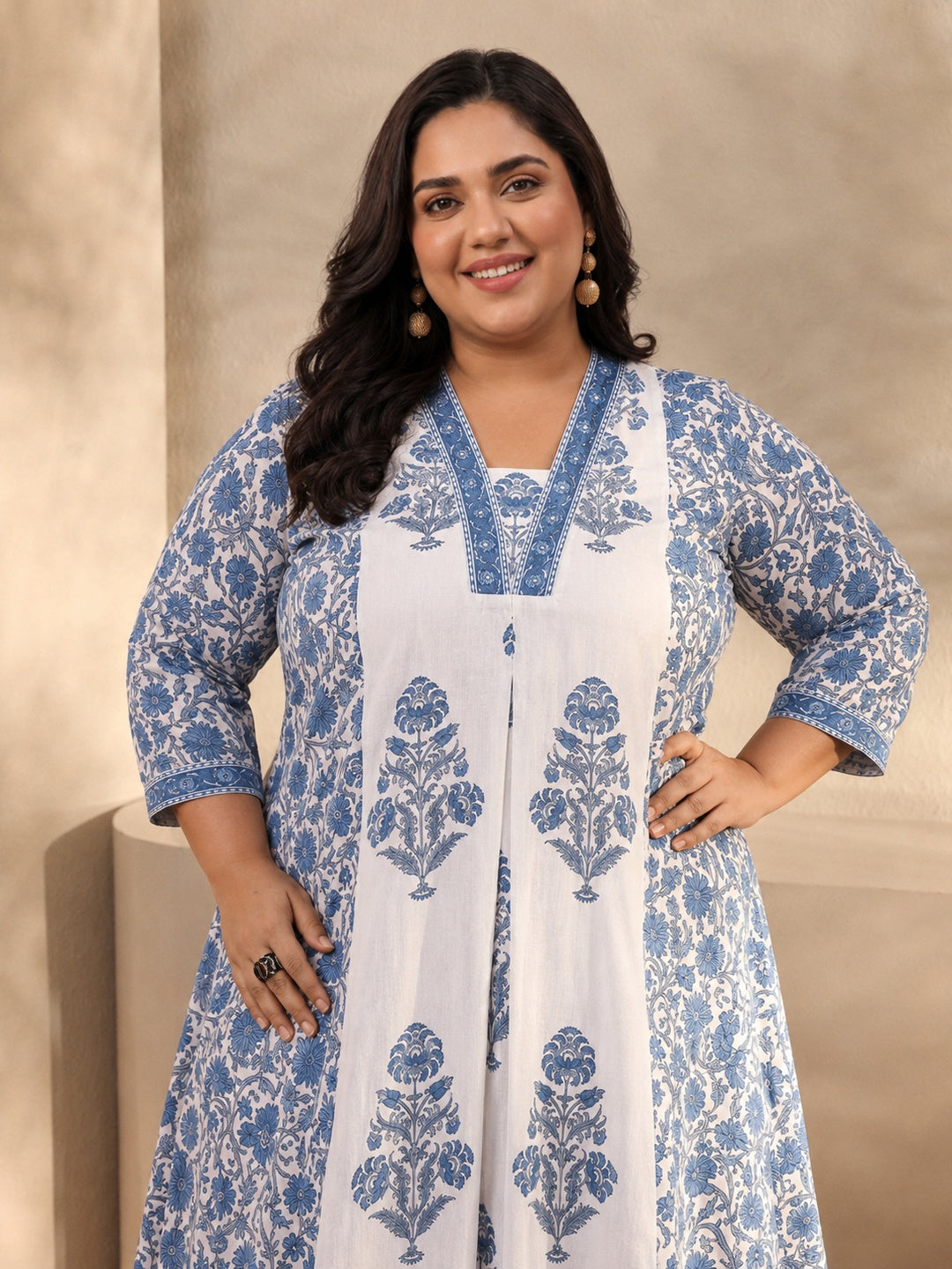  Plus Size Blue Floral Printed Cotton Blend Anarkali Suit Set 