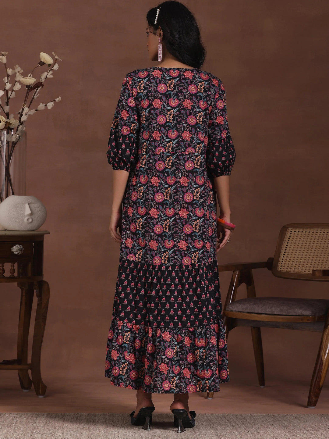 Black Printed Cotton A-Line Dress - Libas 
