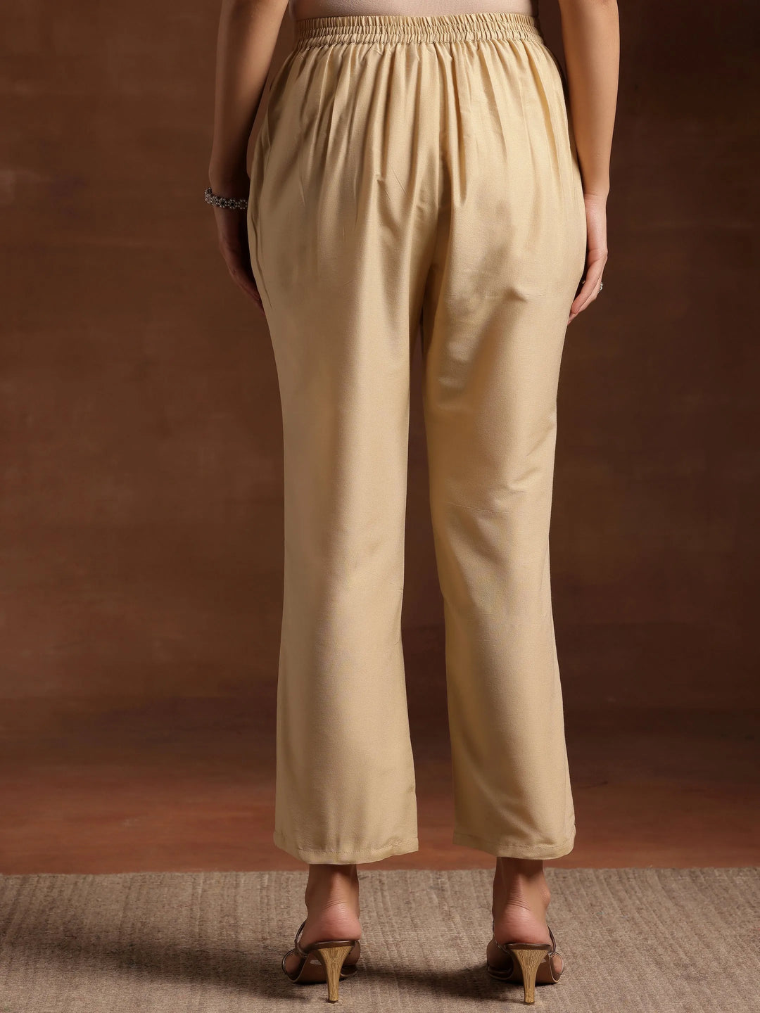  Beige Solid Silk Trousers 