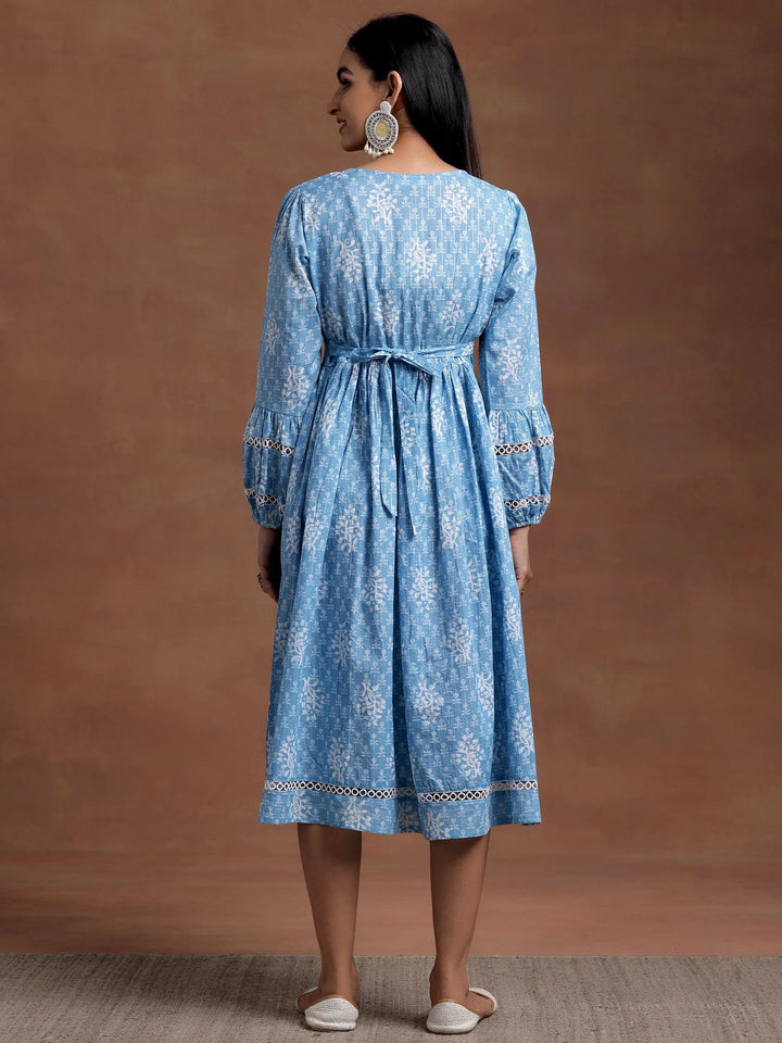 Blue Printed Cotton Fit and Flare Dress - Libas