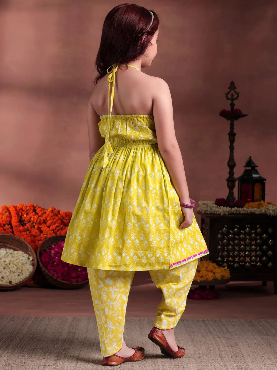  Kids Lime Green Printed Cotton A-Line Kurti With Salwar 