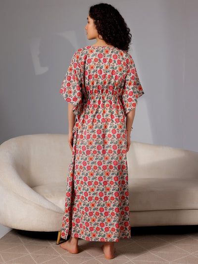 Beige Printed Cotton Kaftan Night Dress - Libas