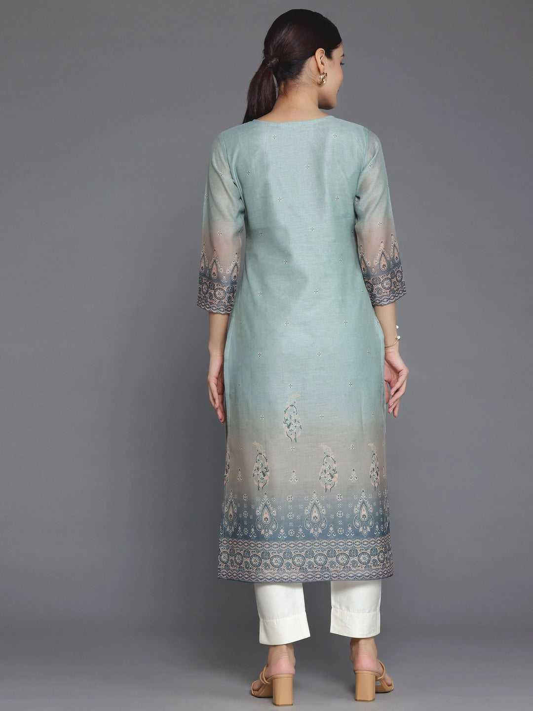 Grey Embellished Chanderi Silk Straight Kurta - Libas