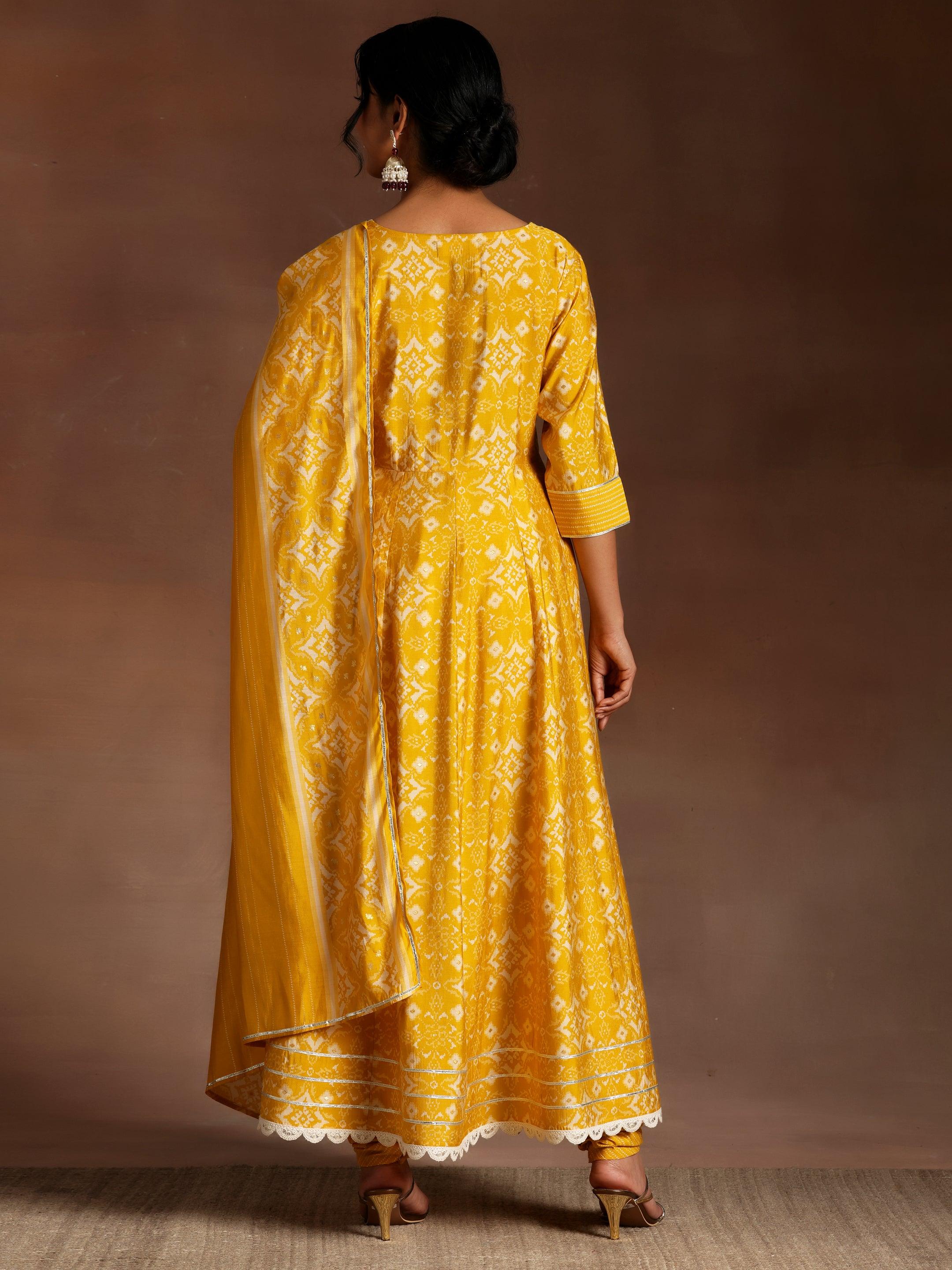 Mustard Printed Silk Blend Anarkali Suit With Dupatta