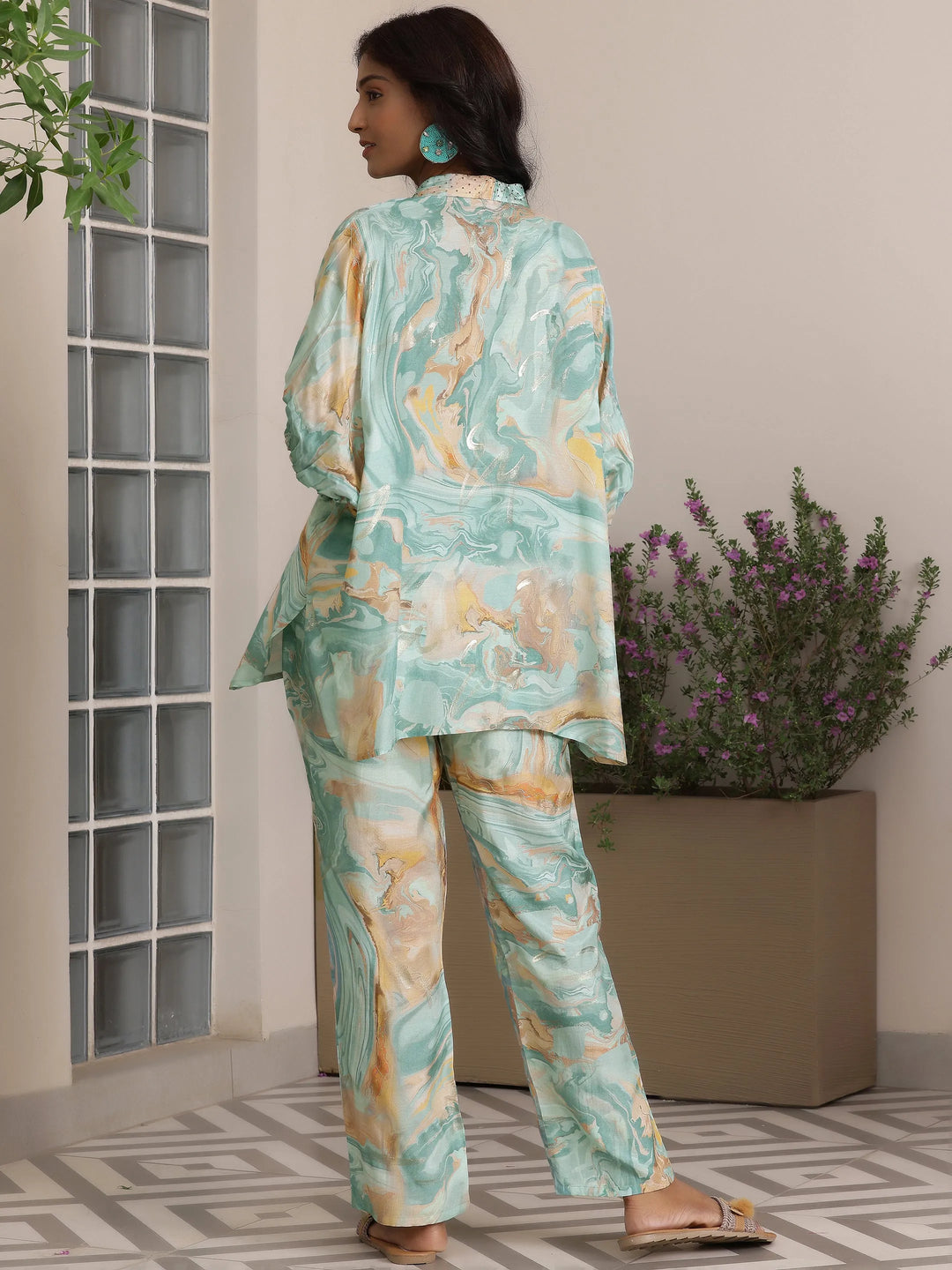  Blue Printed Silk Blend Co-Ords 