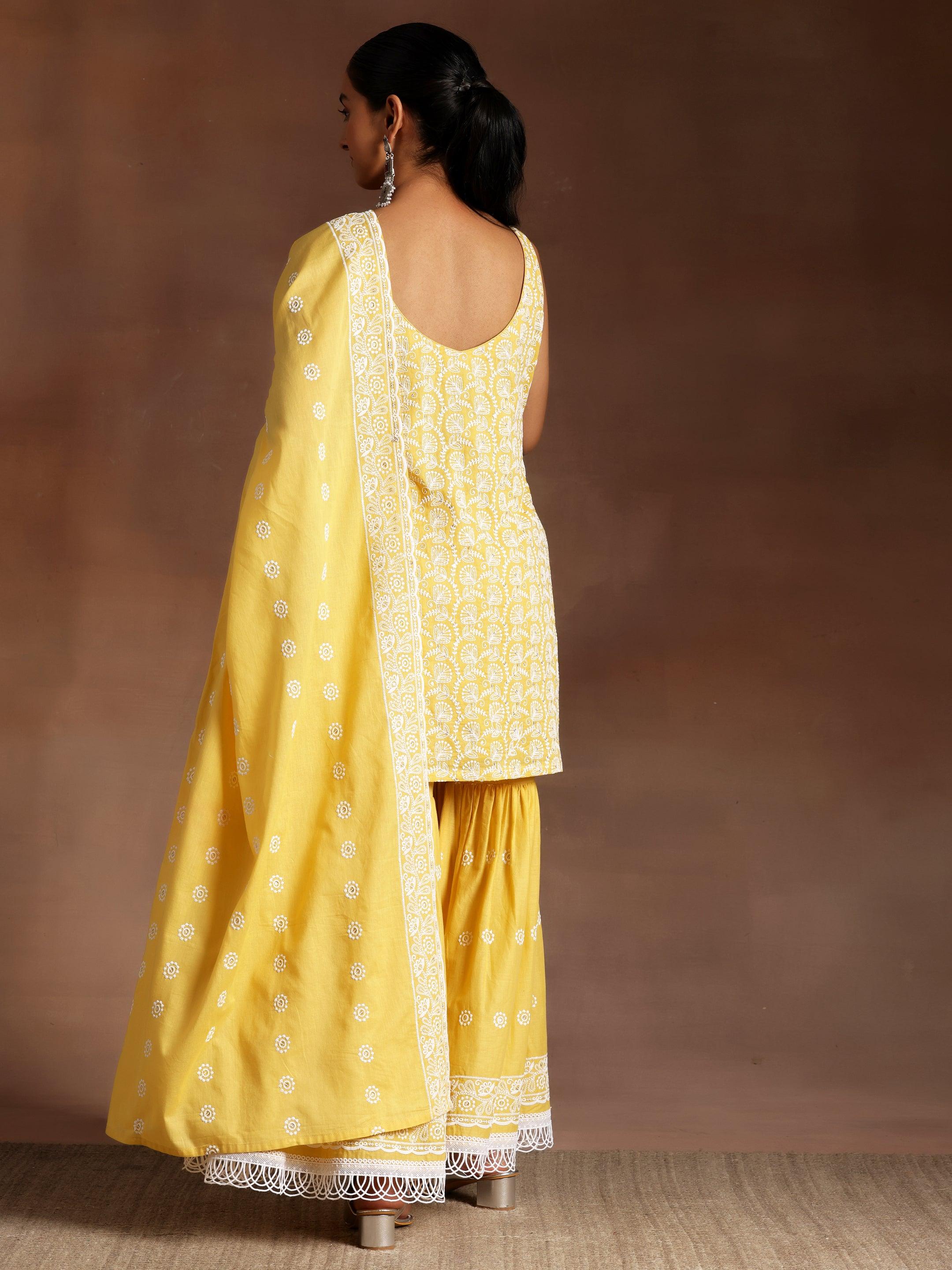 Mustard Embroidered Cotton Straight Suit With Dupatta