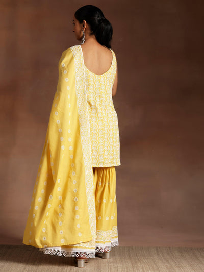 Mustard Embroidered Cotton Straight Suit With Dupatta - Libas