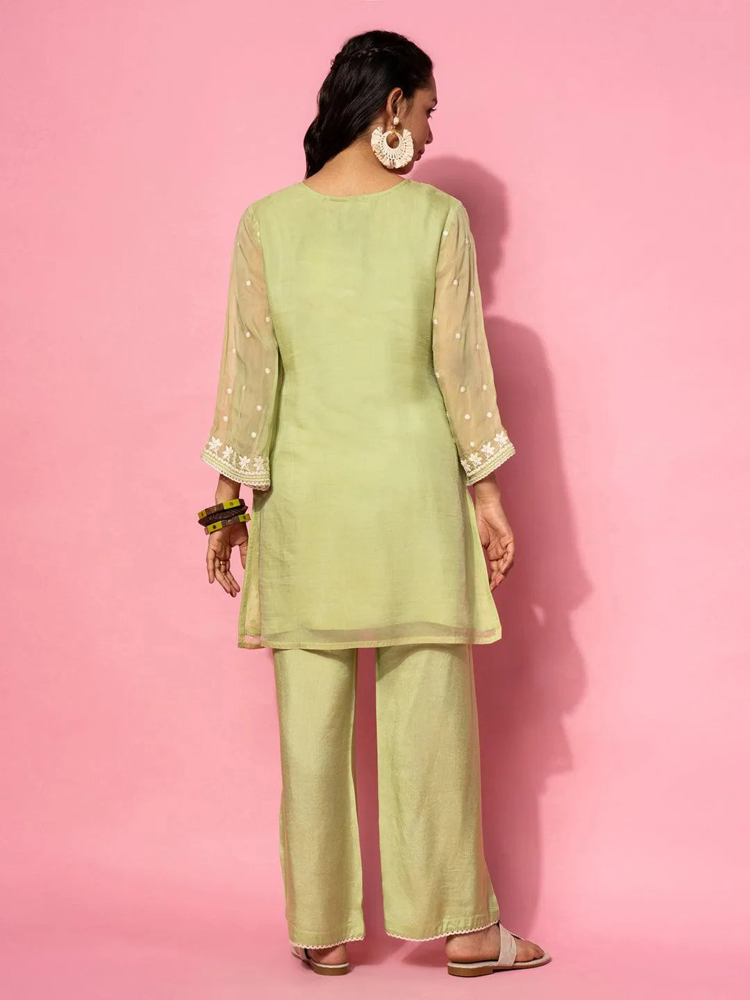 Green Embroidered Silk Blend Co-Ords - Libas 