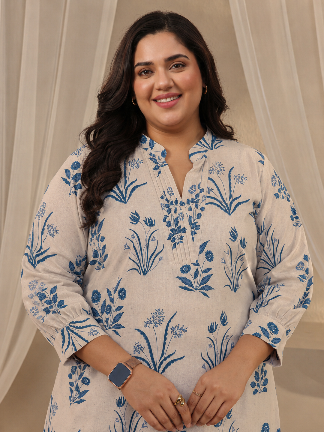  Plus Size Off White Floral Printed Cotton A-Line Kurta 