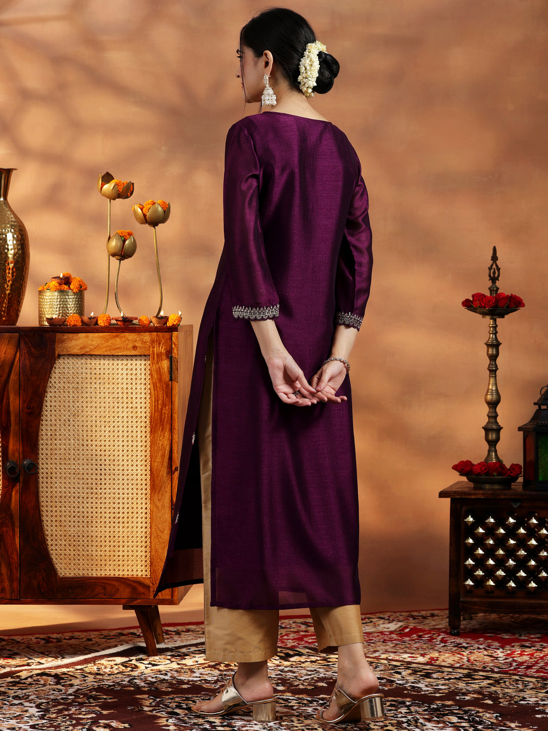  Burgundy Embroidered Silk Straight Kurta 